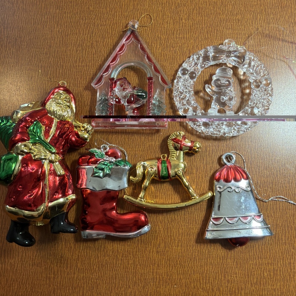 Vintage Plastic Christmas Ornament Lot 6 Molded Metallic Stocking Santa Bell